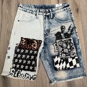 Rue 21 Premium Denim Mens Jean Shorts Patchwork Supreme Flex Graffiti Size 26